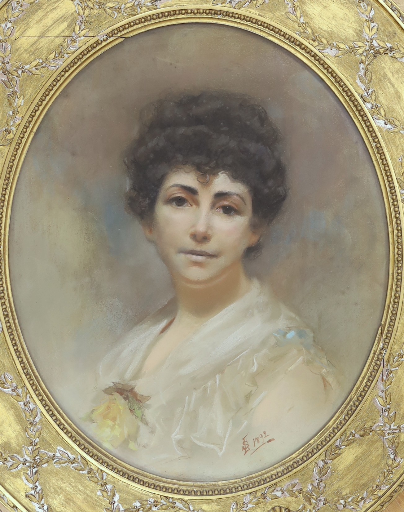 LS 1892, oil on canvas, Portrait of a lady, monogrammed and dated, framed to the oval, 60 x 50cm